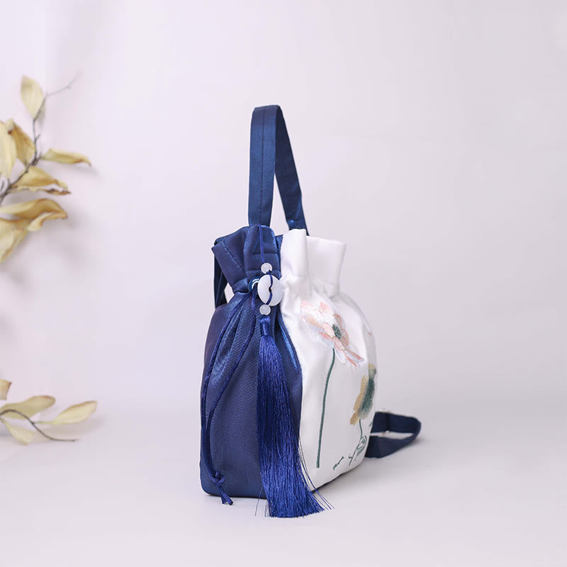 Buddha Stones Embroidered Lotus Koi Fish Crane Camellia Cotton Linen Tote Crossbody Bag Shoulder Bag Handbag - image 4