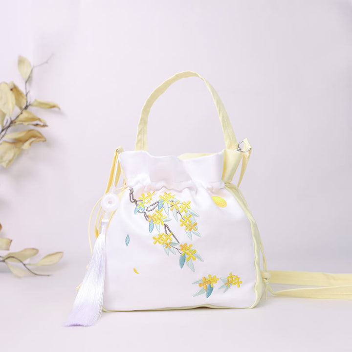 Buddha Stones Embroidered Osmanthus Peony Grape Cat Cotton Linen Tote Crossbody Bag Shoulder Bag Handbag - Yellow Osmanthus 20*20*7cm - image 0