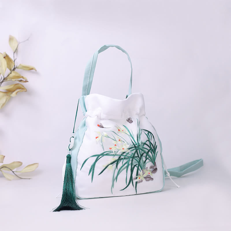 Buddha Stones Suzhou Embroidery Rabbit Lotus Epiphyllum Peony Magnolia Silk Tote Crossbody Bag Shoulder Bag Handbag - Light Green Orchid Grass 20*20*7cm - image 20