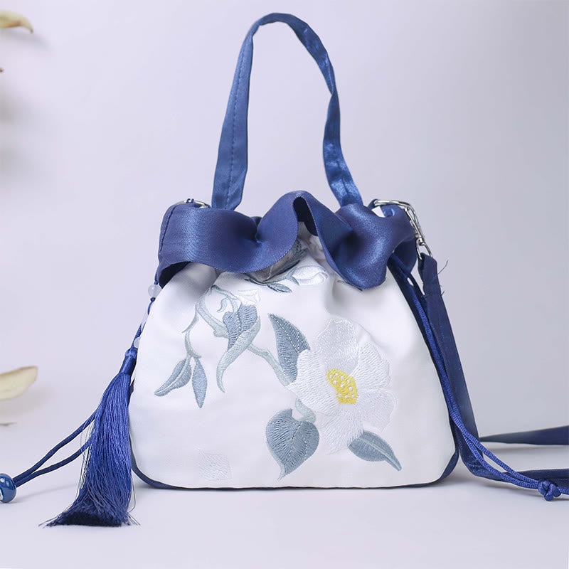 Buddha Stones Suzhou Embroidery Camellia Magnolia Peony Lotus Silk Tote Crossbody Bag Shoulder Bag Handbag - Navy Blue Camellia 20*20*7cm - image 0