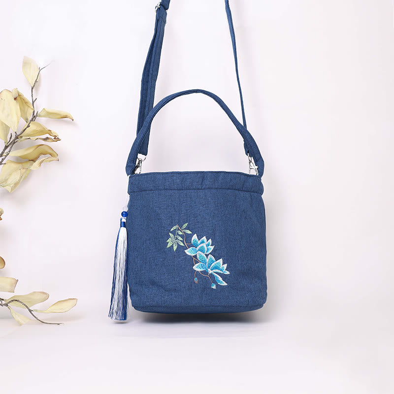 Buddha Stones Embroidery Wisteria Plum Lotus Cherry Blossom Cotton Linen Canvas Tote Crossbody Bag Shoulder Bag Handbag - image 5