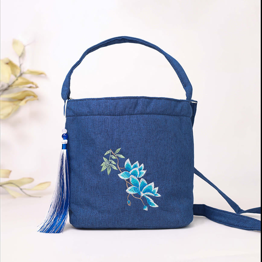 Buddha Stones Embroidery Wisteria Plum Lotus Cherry Blossom Cotton Linen Canvas Tote Crossbody Bag Shoulder Bag Handbag - Navy Blue Magnolia 19*20*10cm - image 0