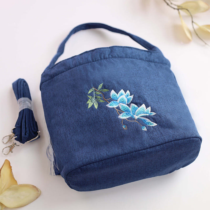 Buddha Stones Embroidery Wisteria Plum Lotus Cherry Blossom Cotton Linen Canvas Tote Crossbody Bag Shoulder Bag Handbag - image 2