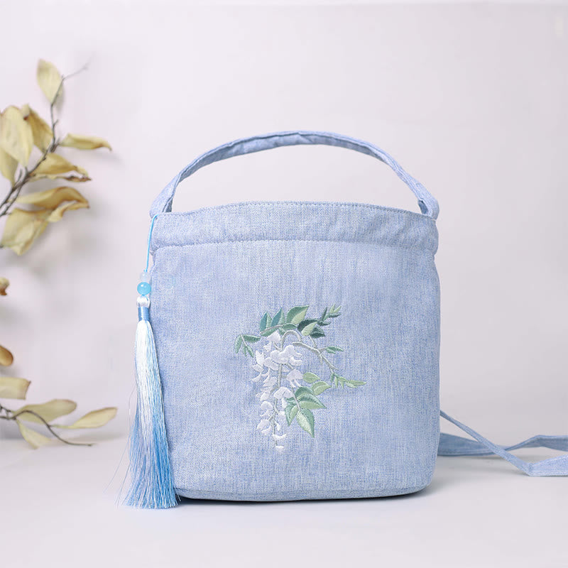 Buddha Stones Embroidery Wisteria Plum Lotus Cherry Blossom Cotton Linen Canvas Tote Crossbody Bag Shoulder Bag Handbag - Light Blue Wisteria 19*20*10cm - image 6