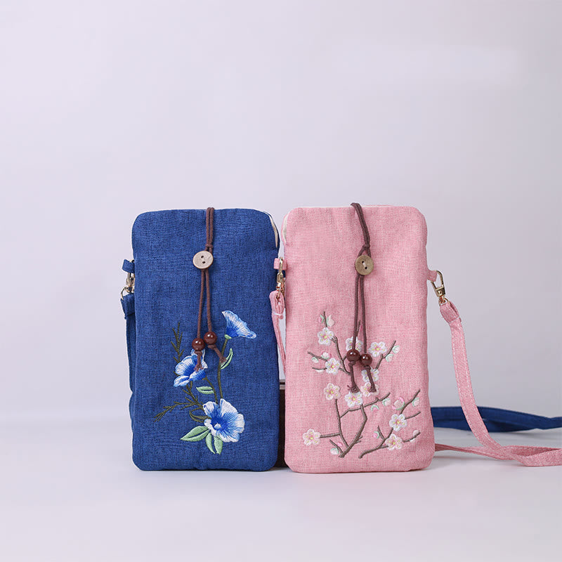 Buddha Stones Small Embroidered Flowers Crossbody Bag Shoulder Bag Cellphone Bag 11*20cm - image 0