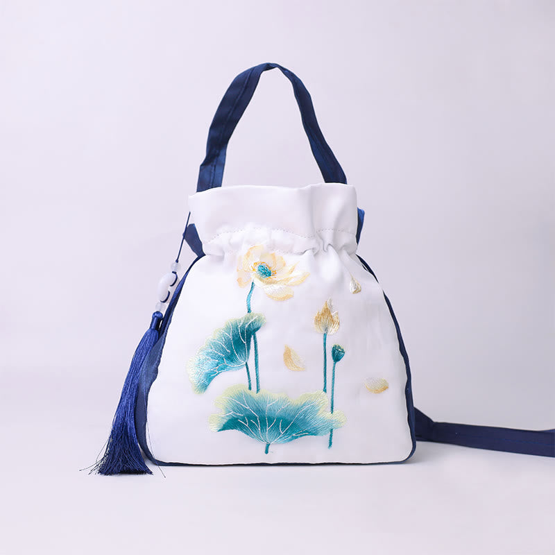 Buddha Stones Suzhou Embroidery Rabbit Lotus Epiphyllum Peony Magnolia Silk Tote Crossbody Bag Shoulder Bag Handbag - Navy Blue White Lotus Fish 20*20*7cm - image 12