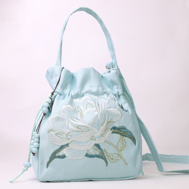 Buddha Stones Embroidered Flowers Wisteria Lily Cotton Linen Tote Crossbody Bag Shoulder Bag Handbag - Green Yellow Peony Flower 20*20*7cm - image 12