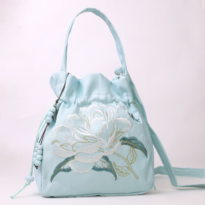 Buddha Stones Embroidered Flowers Wisteria Lily Cotton Linen Tote Crossbody Bag Shoulder Bag Handbag - Green Yellow Peony Flower 20*20*7cm - image 12