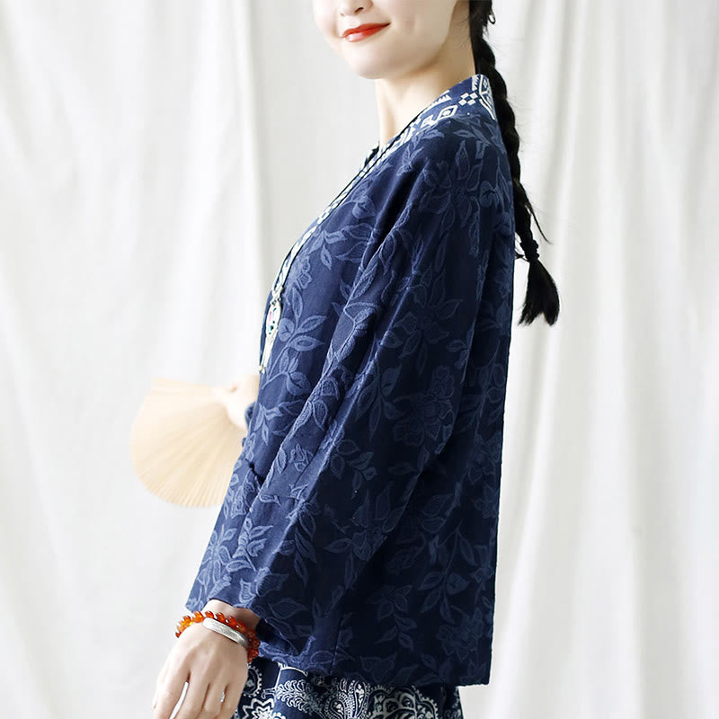 Buddha Stones Flower Jacquard V-Neck Long Sleeve Jacket - image 18