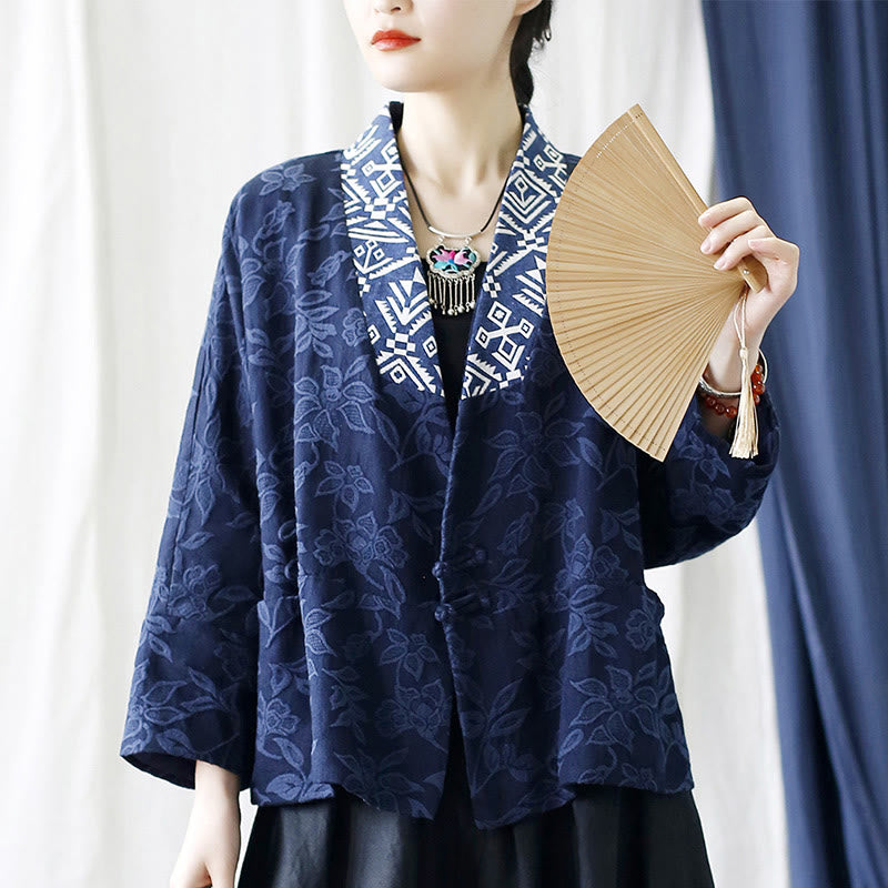 Buddha Stones Flower Jacquard V-Neck Long Sleeve Jacket - image 25