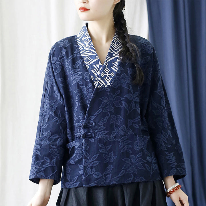 Buddha Stones Flower Jacquard V-Neck Long Sleeve Jacket - image 29