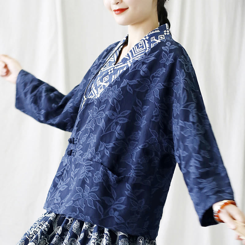 Buddha Stones Flower Jacquard V-Neck Long Sleeve Jacket - image 30