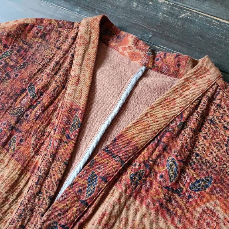 Buddha Stones Orange Flower Geometry Print Cotton Open Front Jacket With Pockets - image 8