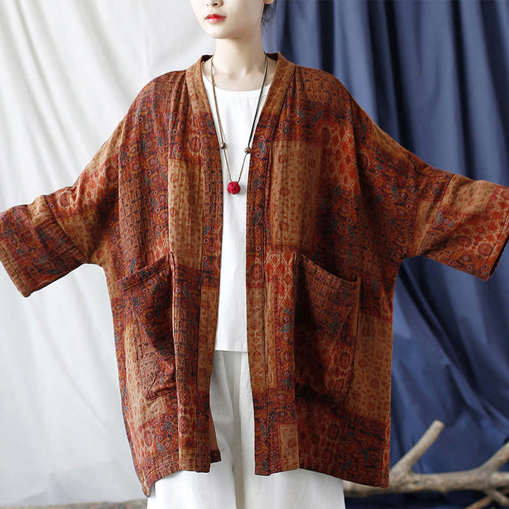 Buddha Stones Orange Flower Geometry Print Cotton Open Front Jacket With Pockets - image 5
