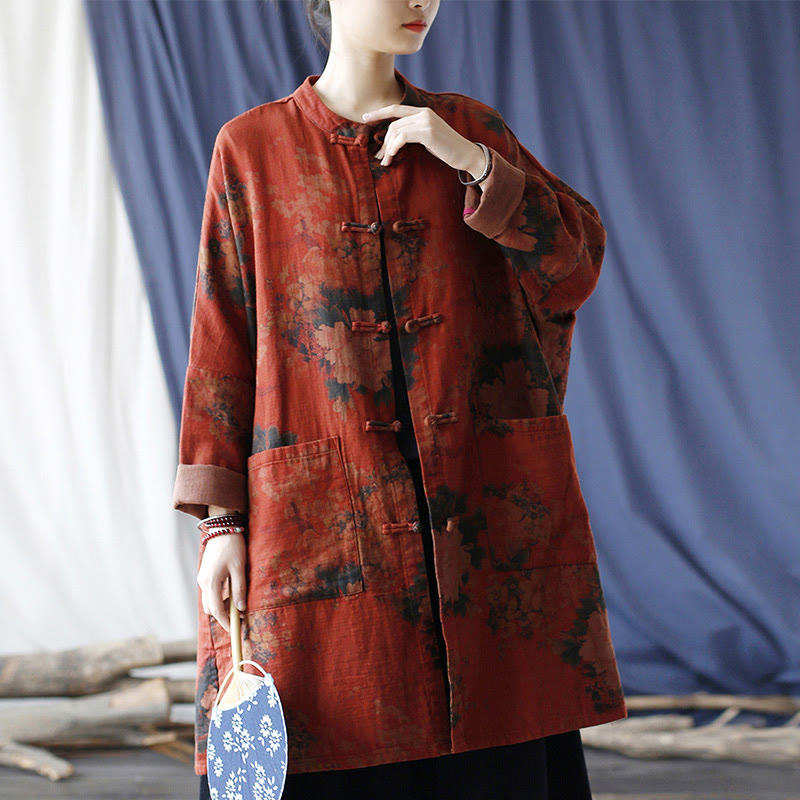 Buddha Stones Orange Peony Flower Frog-Button Open Front Jacket With Pockets - image 1