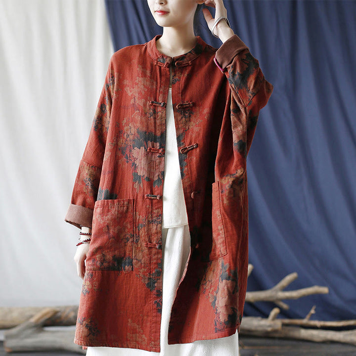 Buddha Stones Orange Peony Flower Frog-Button Open Front Jacket With Pockets - image 5