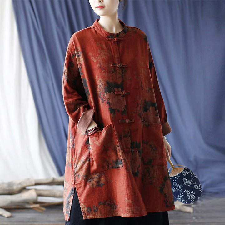 Buddha Stones Orange Peony Flower Frog-Button Open Front Jacket With Pockets - image 18