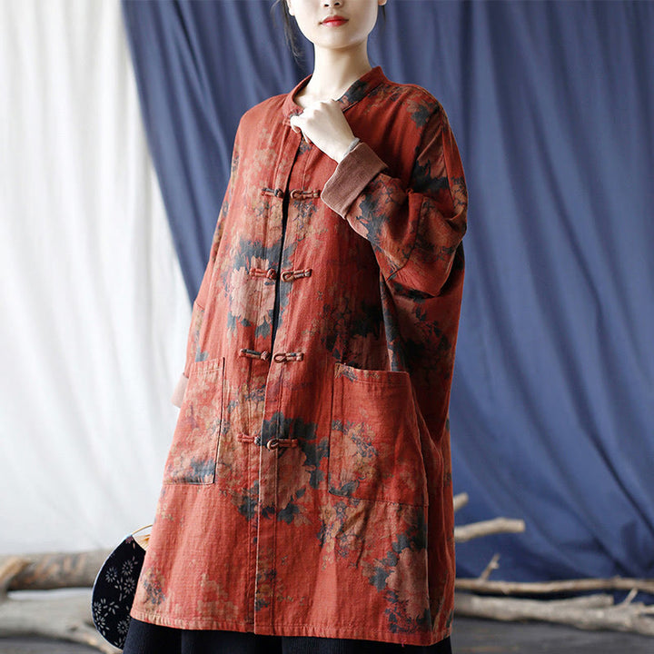 Buddha Stones Orange Peony Flower Frog-Button Open Front Jacket With Pockets - image 6