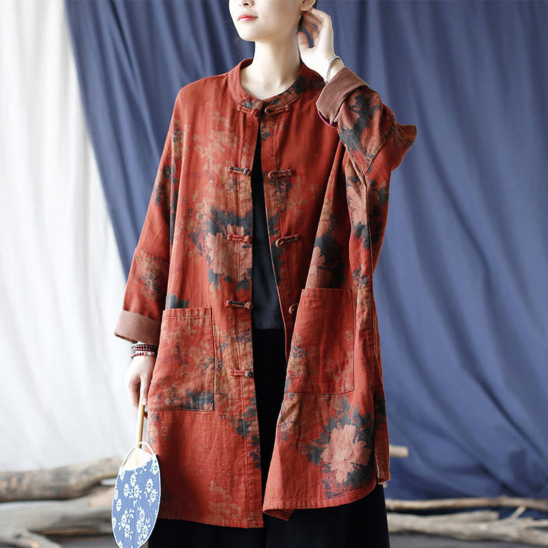 Buddha Stones Orange Peony Flower Cotton Linen Frog-Button Open Front Jacket With Pockets