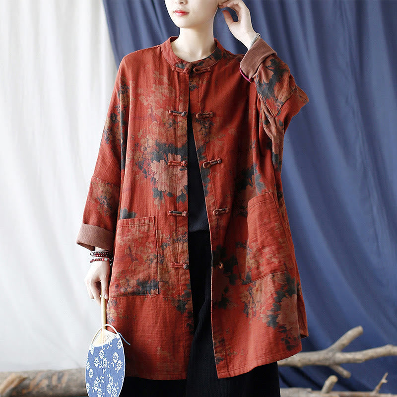 Buddha Stones Orange Peony Flower Cotton Linen Frog-Button Open Front Jacket With Pockets