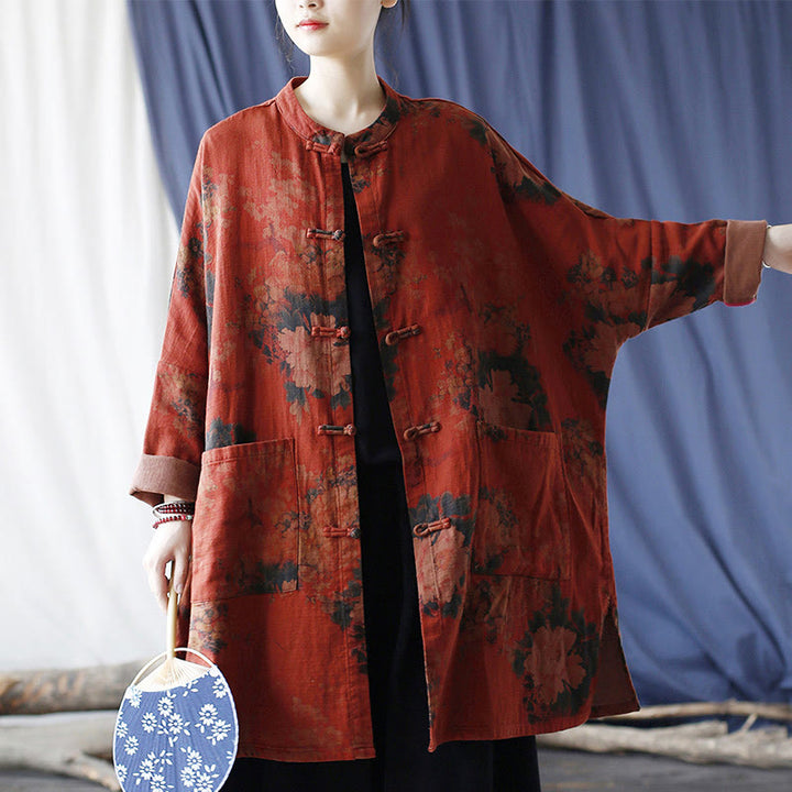 Buddha Stones Orange Peony Flower Cotton Linen Frog-Button Open Front Jacket With Pockets