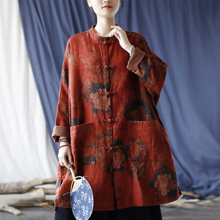 Buddha Stones Orange Peony Flower Cotton Linen Frog-Button Open Front Jacket With Pockets - image 22