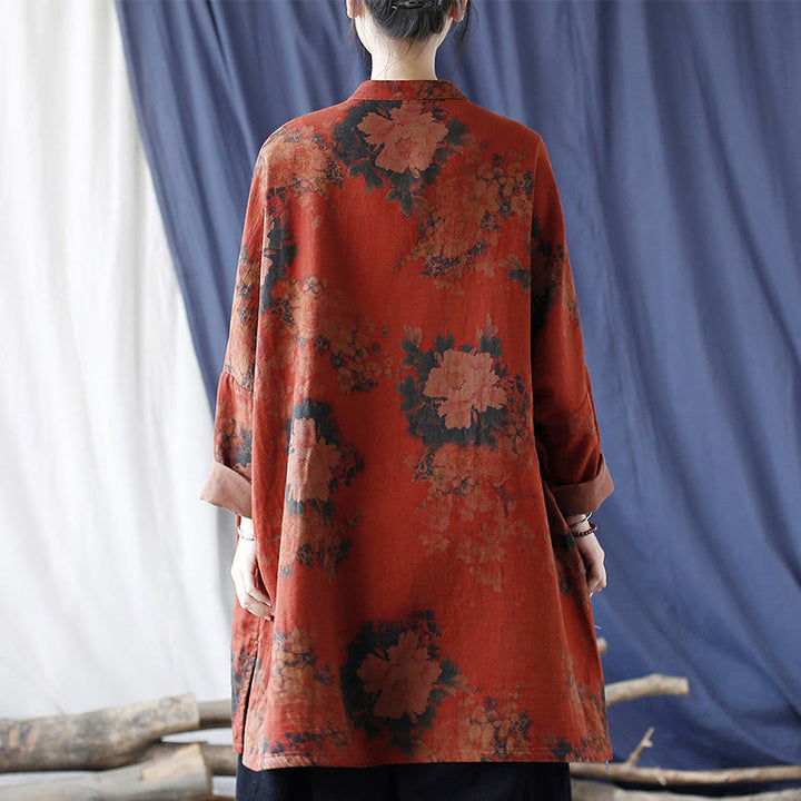 Buddha Stones Orange Peony Flower Cotton Linen Frog-Button Open Front Jacket With Pockets