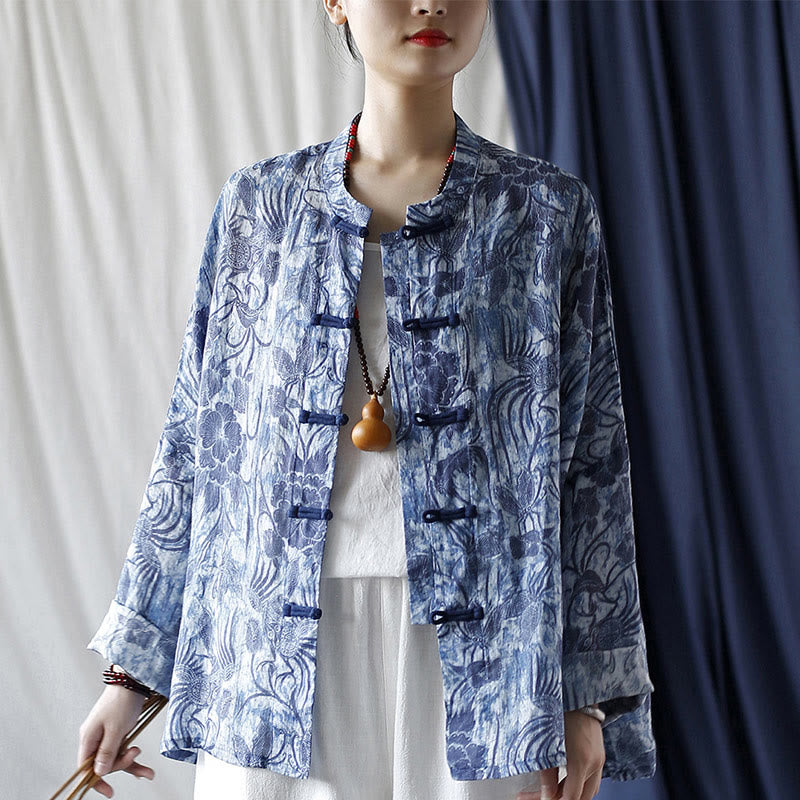 Buddha Stones Retro Blue White Flowers Frog-Button Design Long Sleeve Ramie Linen Jacket Shirt - image 20