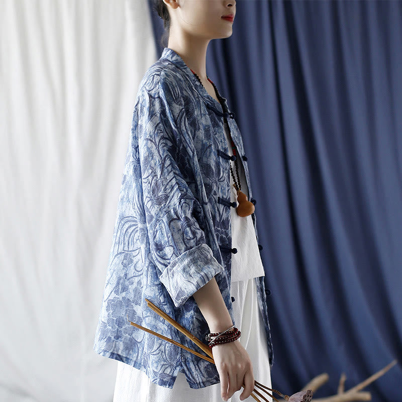 Buddha Stones Retro Blue White Flowers Frog-Button Design Long Sleeve Ramie Linen Jacket Shirt - image 2
