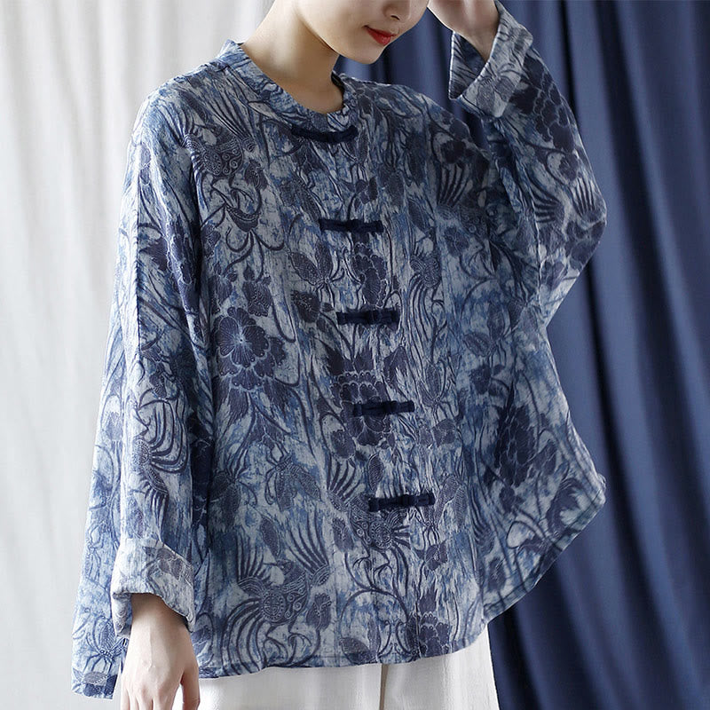 Buddha Stones Retro Blue White Flowers Frog-Button Design Long Sleeve Ramie Linen Jacket Shirt - image 23