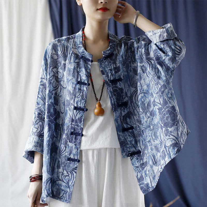 Buddha Stones Retro Blue White Flowers Frog-Button Design Long Sleeve Ramie Linen Jacket Shirt