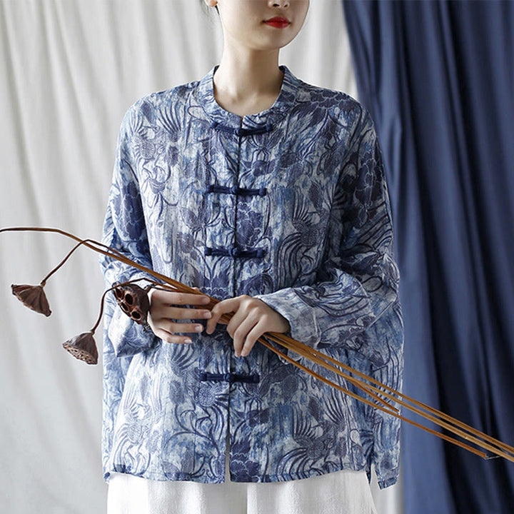 Buddha Stones Retro Blue White Flowers Frog-Button Design Long Sleeve Ramie Linen Jacket Shirt - image 25