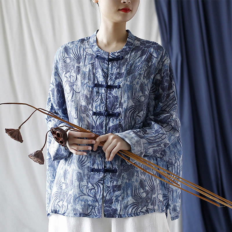 Buddha Stones Retro Blue White Flowers Frog-Button Design Long Sleeve Ramie Linen Jacket Shirt