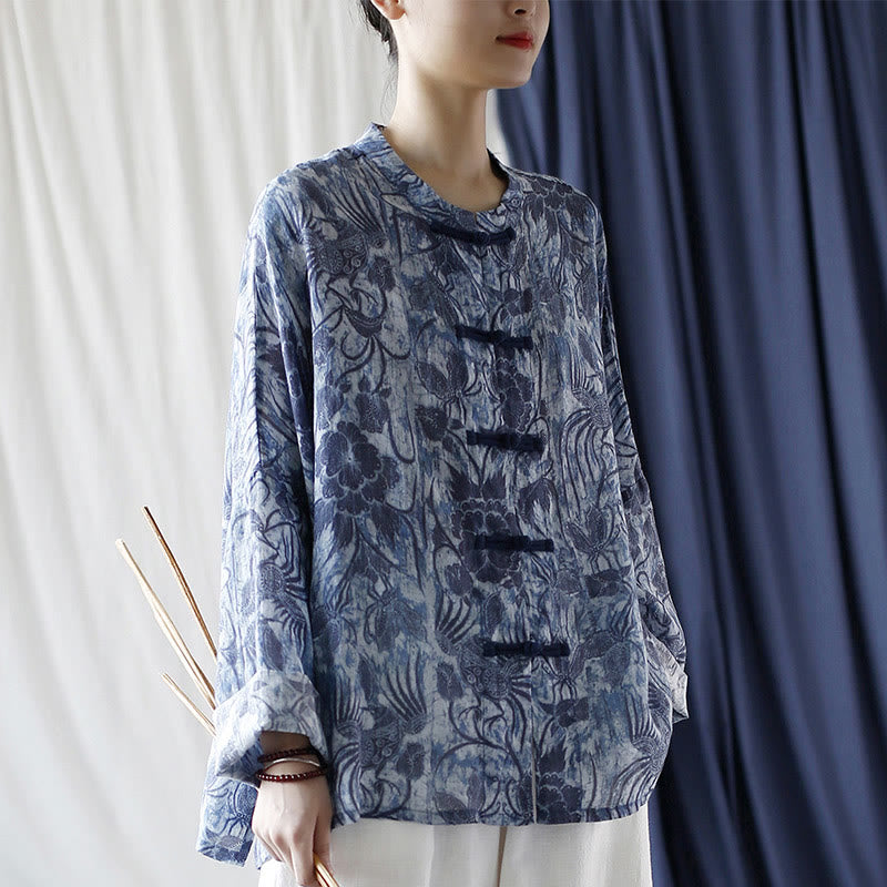 Buddha Stones Retro Blue White Flowers Frog-Button Design Long Sleeve Ramie Linen Jacket Shirt