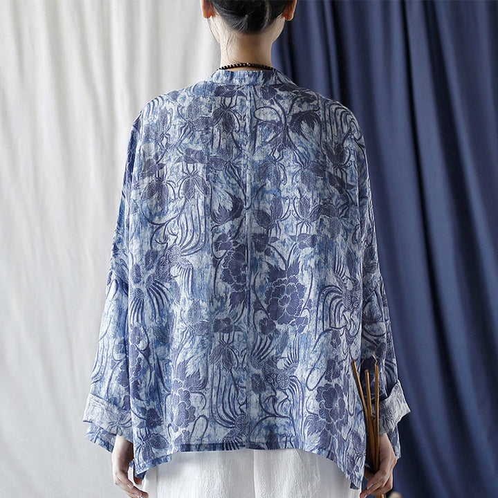 Buddha Stones Retro Blue White Flowers Frog-Button Design Long Sleeve Ramie Linen Jacket Shirt - image 3