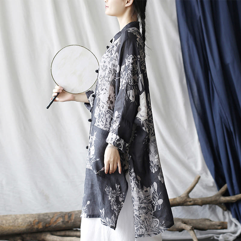 Buddha Stones Blue White Flowers Frog-Button Long Sleeve Ramie Linen Jacket Shirt With Pockets - image 6