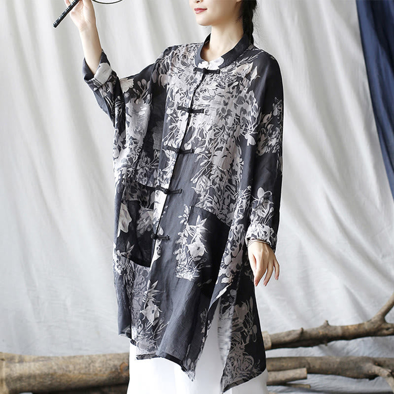 Buddha Stones Blue White Flowers Frog-Button Long Sleeve Ramie Linen Jacket Shirt With Pockets