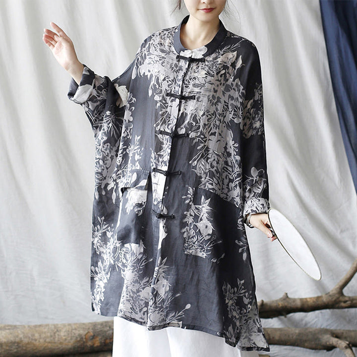 Buddha Stones Blue White Flowers Frog-Button Long Sleeve Ramie Linen Jacket Shirt With Pockets - image 7