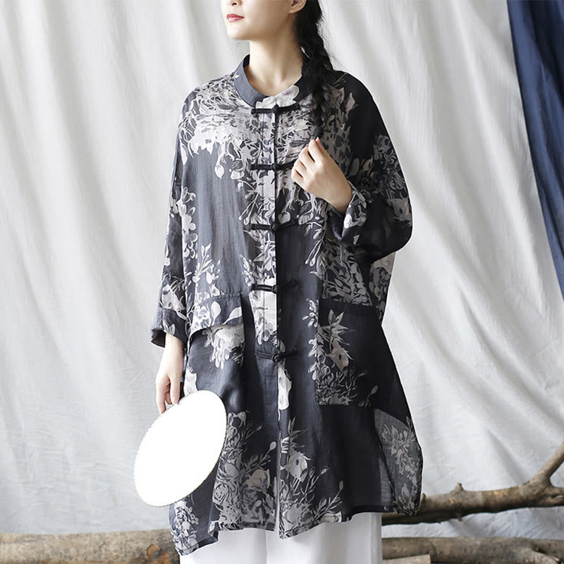 Buddha Stones Blue White Flowers Frog-Button Long Sleeve Ramie Linen Jacket Shirt With Pockets - image 11