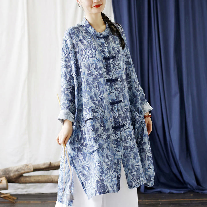 Buddha Stones Blue Flowers Butterfly Frog-Button Long Sleeve Ramie Linen Jacket Shirt With Pockets