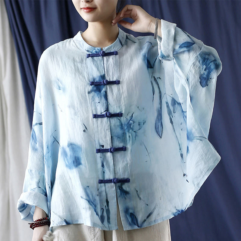 Buddha Stones Tie Dye Blue Flowers Frog-Button Design Long Sleeve Ramie Linen Jacket Shirt - image 7