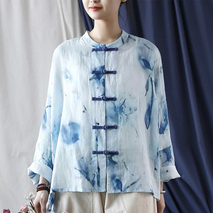 Buddha Stones Tie Dye Blue Flowers Frog-Button Design Long Sleeve Ramie Linen Jacket Shirt