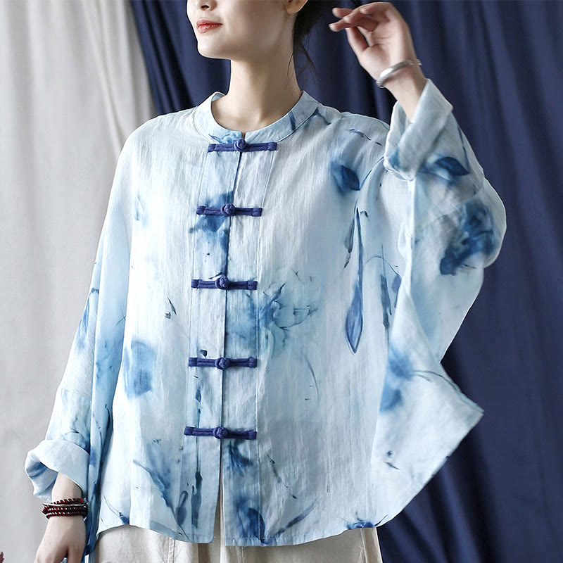 Buddha Stones Tie Dye Blue Flowers Frog-Button Design Long Sleeve Ramie Linen Jacket Shirt