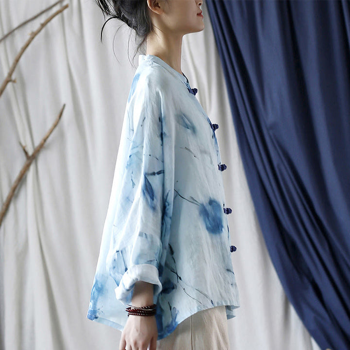Buddha Stones Tie Dye Blue Flowers Frog-Button Design Long Sleeve Ramie Linen Jacket Shirt - image 4