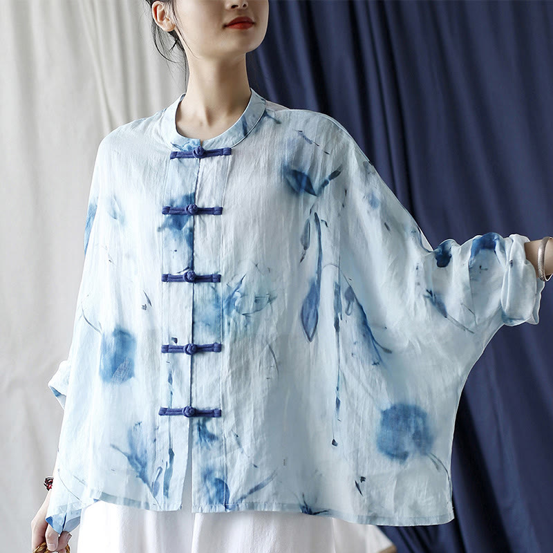 Buddha Stones Tie Dye Blue Flowers Frog-Button Design Long Sleeve Ramie Linen Jacket Shirt - image 12