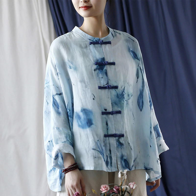 Buddha Stones Tie Dye Blue Flowers Frog-Button Design Long Sleeve Ramie Linen Jacket Shirt - image 9