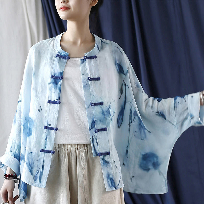 Buddha Stones Tie Dye Blue Flowers Frog-Button Design Long Sleeve Ramie Linen Jacket Shirt - image 11