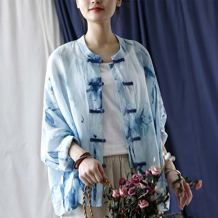 Buddha Stones Tie Dye Blue Flowers Frog-Button Design Long Sleeve Ramie Linen Jacket Shirt - image 22