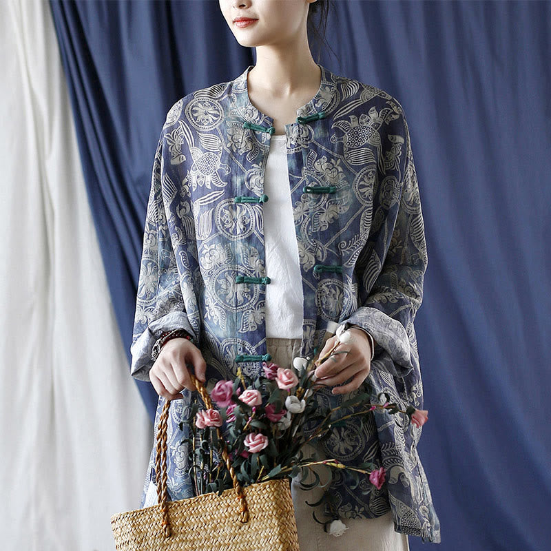 Buddha Stones Birds Flowers Geometry Frog-Button Long Sleeve Ramie Linen Jacket Shirt - image 16