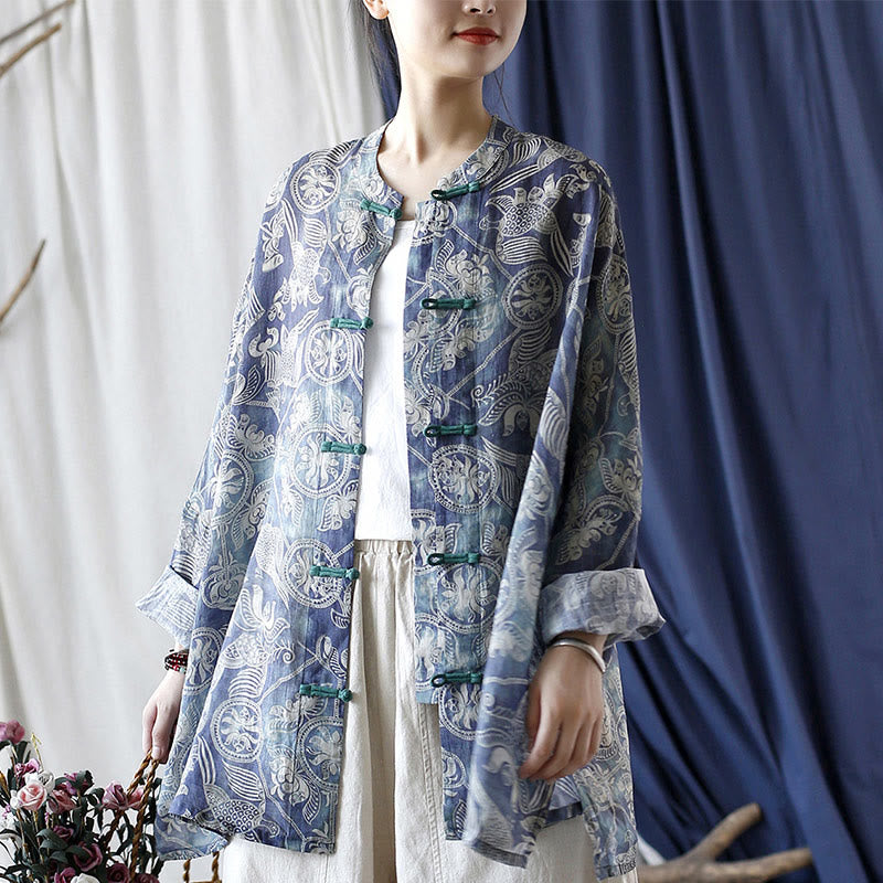 Buddha Stones Birds Flowers Geometry Frog-Button Long Sleeve Ramie Linen Jacket Shirt